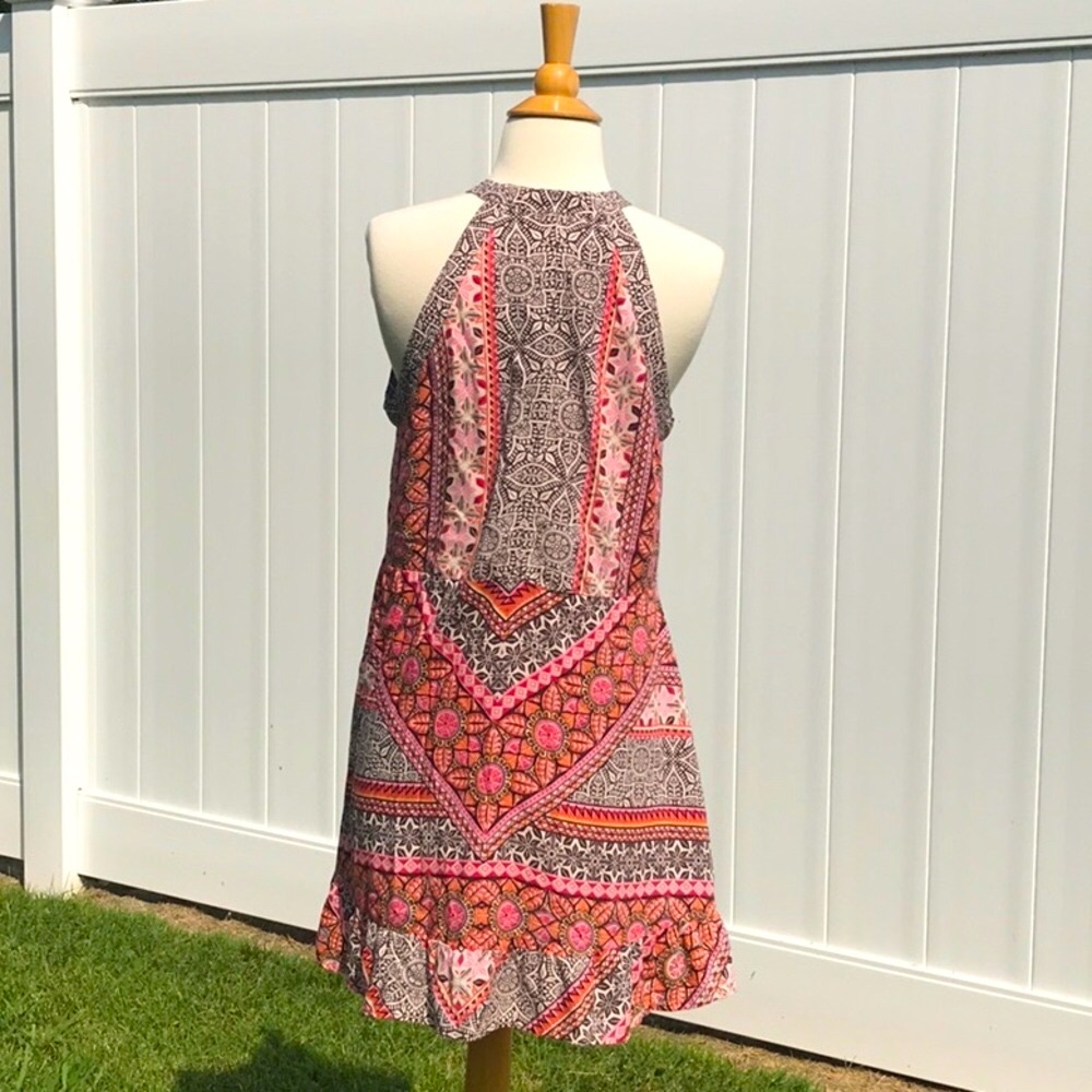 Miami Boho Brown Orange Pink Cream Floral Printed Halter Midi Dress Size Medium - Picture 8 of 16
